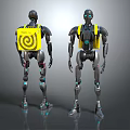Two Humanoid Robots With Black Bodies Yellow Spiral Backs Blue Eyes And Mechanical Joints