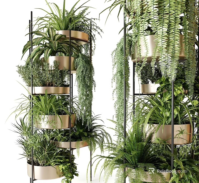 Green Hanging Potted Plants on Black Metal Multi Tiered Stand for Indoor Decoration 3d model 