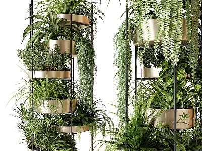 Green Hanging Potted Plants on Black Metal Multi Tiered Stand for Indoor Decoration 3d model