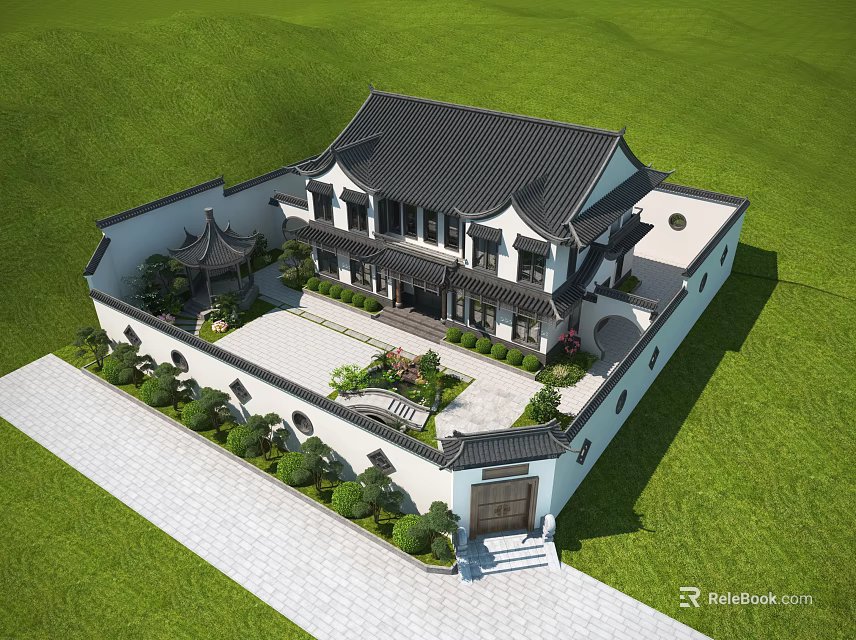 Traditional Chinese Courtyard Architecture with Black Roof White Walls and Green Garden 3d model 