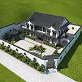 Traditional Chinese Courtyard Architecture with Black Roof White Walls and Green Garden