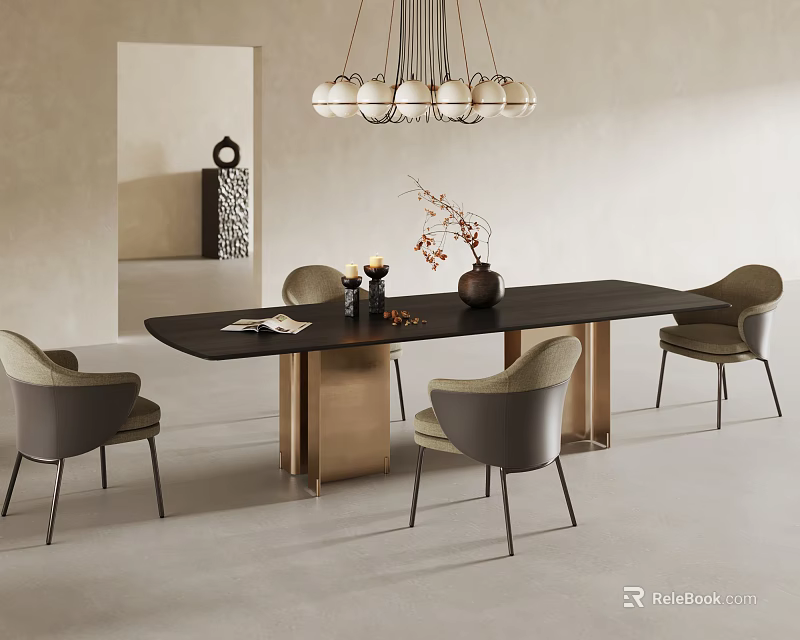 Modern Dining Table Set With Black Tabletop Gray Chairs And Pendant Chandelier 3d model 