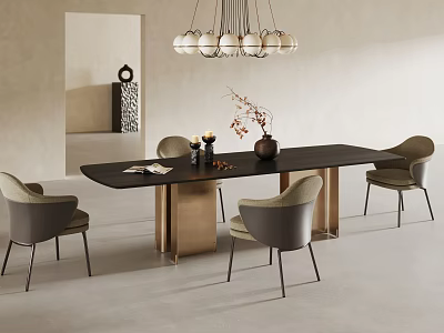 Modern Dining Table Set With Black Tabletop Gray Chairs And Pendant Chandelier 3d model