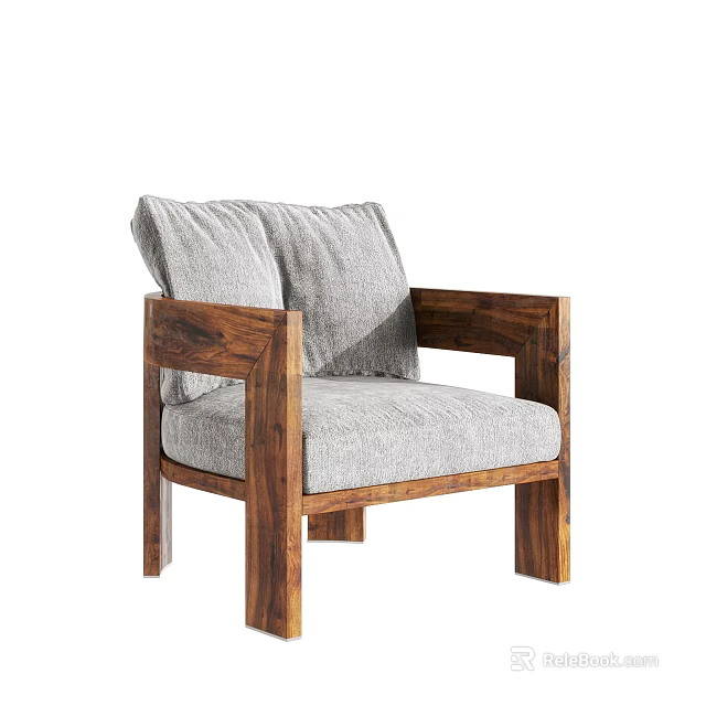 Comfortable Leisure Chair With Solid Wooden Frame And Soft Gray Cushion 3d model