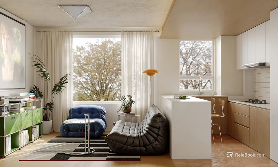Sunlit Cozy Modern Living Room With Plush Lounge Sofas Large Window And Integrated Open Kitchen 3d model 