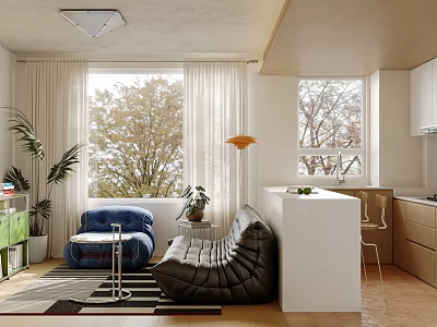 Sunlit Cozy Modern Living Room With Plush Lounge Sofas Large Window And Integrated Open Kitchen 3d model