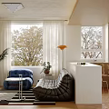Sunlit Cozy Modern Living Room With Plush Lounge Sofas Large Window And Integrated Open Kitchen