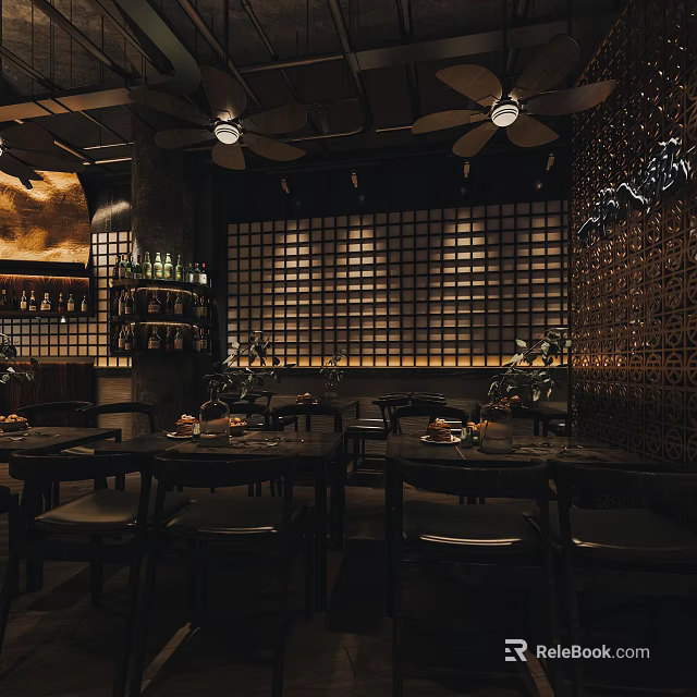 Elegant Modern Restaurant Interior With Dark Tables Chairs Lattice Wall Ceiling Fans And Wine Shelves 3d model 