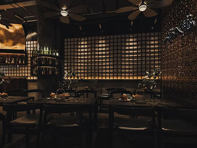 Elegant Modern Restaurant Interior With Dark Tables Chairs Lattice Wall Ceiling Fans And Wine Shelves 3d model