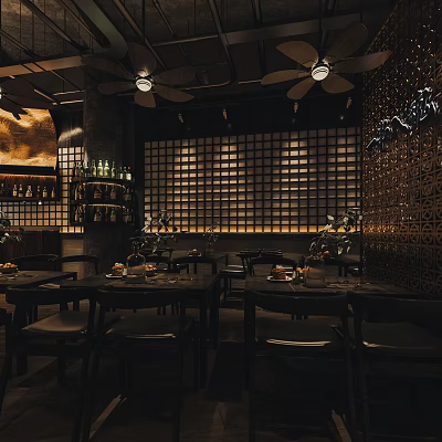 Elegant Modern Restaurant Interior With Dark Tables Chairs Lattice Wall Ceiling Fans And Wine Shelves 3d model