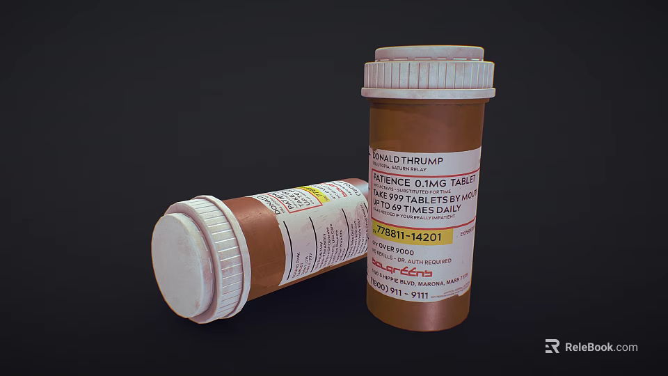 Two Brown Medicine Bottles Upright And Lying With Child Therapeutic Labels And Tablets 3d model 