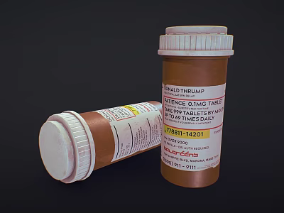 Two Brown Medicine Bottles Upright And Lying With Child Therapeutic Labels And Tablets 3d model