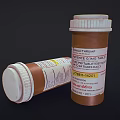 Two Brown Medicine Bottles Upright And Lying With Child Therapeutic Labels And Tablets