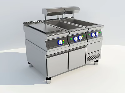 Stainless Steel Commercial Open Kitchen Counter With Multiple Cooking Compartments And Control Panels 3d model