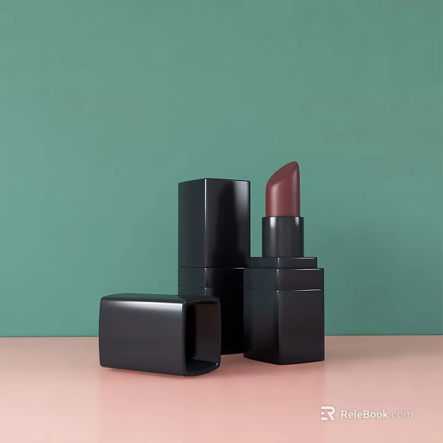 Elegant Cosmetics Lipstick With Black Case Open Burgundy Shade On Green Background Pink Surface 3d model 