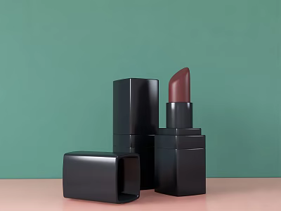 Elegant Cosmetics Lipstick With Black Case Open Burgundy Shade On Green Background Pink Surface 3d model