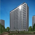 Modern High Rise Residential Building With Glass Windows Green Trees And Blue Sky