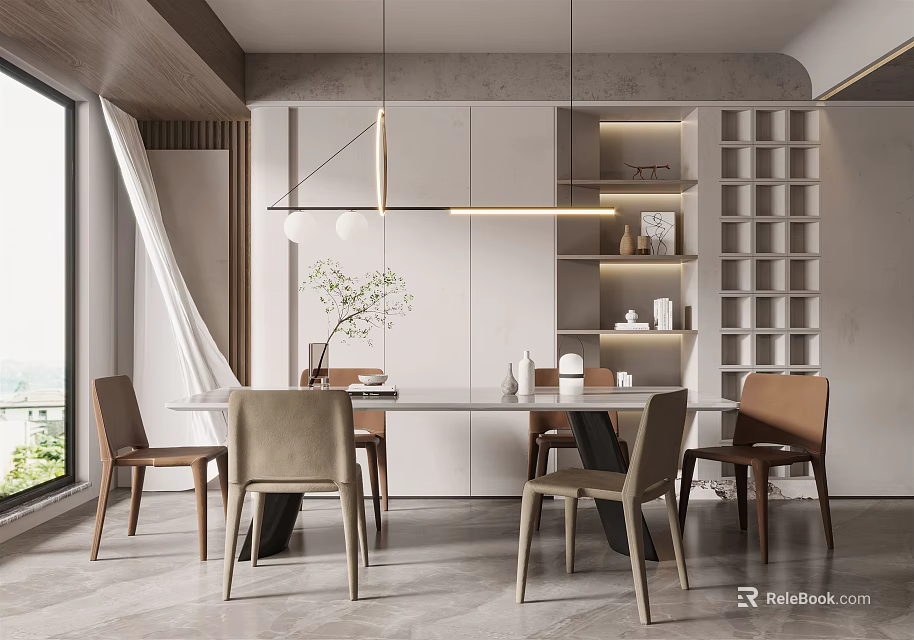 Modern Restaurant Interior With Dining Table Chairs Pendant Lights Open Shelves And Natural Light 3d model 