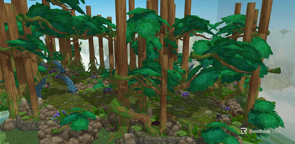 Enchanted Forest Scene With Tall Trees Green Leaves Purple Flowers And Mossy Rocks 3d model 