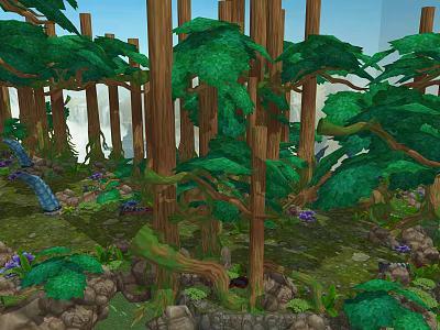 Enchanted Forest Scene With Tall Trees Green Leaves Purple Flowers And Mossy Rocks 3d model