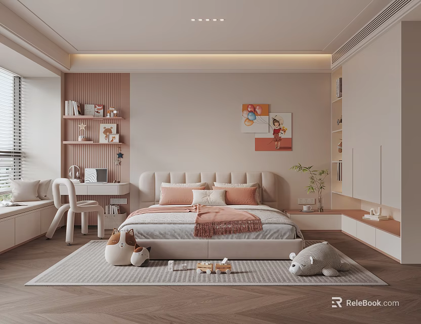 Modern Kids Room Interior Design With Cozy Bed Desk Bookshelf Toys And Decorative Rug 3d model 