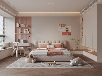 Modern Kids Room Interior Design With Cozy Bed Desk Bookshelf Toys And Decorative Rug 3d model