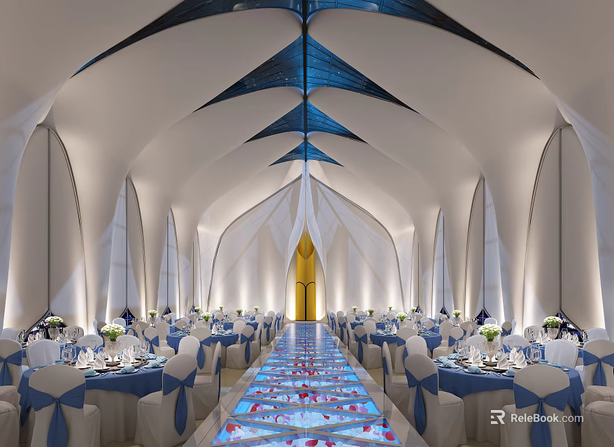 Elegant Banquet Hall Interior With Arched Ceilings White Tables Blue Chair Covers And Floral Arrangements 3d model 