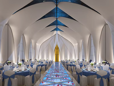 Elegant Banquet Hall Interior With Arched Ceilings White Tables Blue Chair Covers And Floral Arrangements 3d model