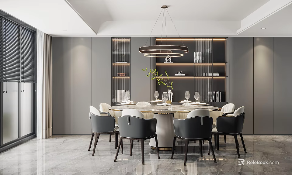 Contemporary Restaurant Dining Space With Round Table And Modern Chairs 3d model