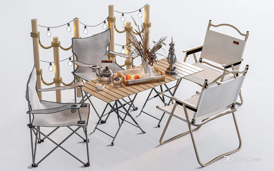 Outdoor Folding Table And Canvas Chairs Set With String Lights For Patio Decor 3d model 