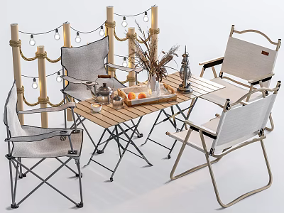 Outdoor Folding Table And Canvas Chairs Set With String Lights For Patio Decor 3d model