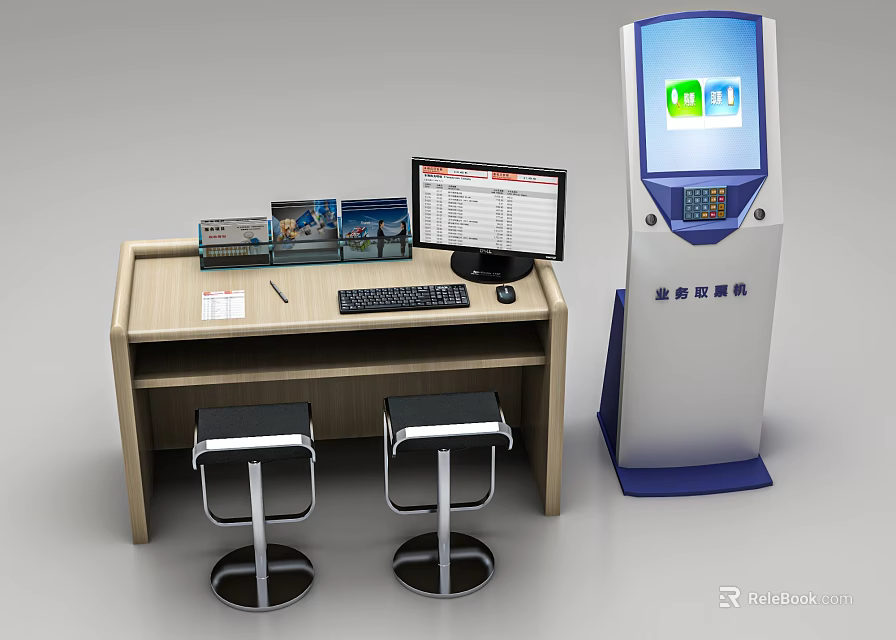 Wooden Reception Desk With Computer Monitor Keyboard Brochures Stools And Adjacent Self Service Kiosk 3d model 