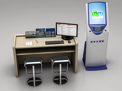 Wooden Reception Desk With Computer Monitor Keyboard Brochures Stools And Adjacent Self Service Kiosk 3d model