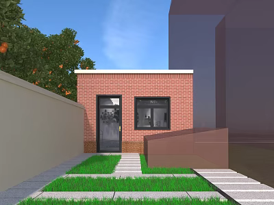 Courtyard Garden with Red Brick Cottage Green Lawn Stone Path Trees and Wall 3d model