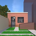 Courtyard Garden with Red Brick Cottage Green Lawn Stone Path Trees and Wall