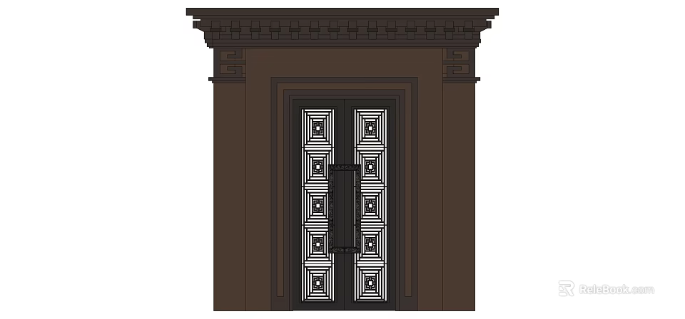 Classic Entrance Double Doors With Geometric Patterns Dark Brown Frame And Decorative Cornice 3d model 