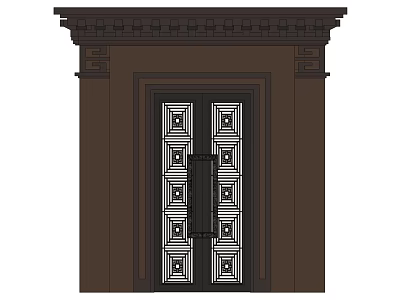 Classic Entrance Double Doors With Geometric Patterns Dark Brown Frame And Decorative Cornice 3d model
