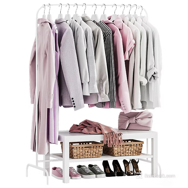 Stylish Clothes On Rack With Baskets Bags And Shoes 3d model 