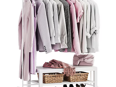 Stylish Clothes On Rack With Baskets Bags And Shoes 3d model