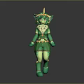 Green Horned Winged Fantasy Game Character With Feathered Outfit And Vibrant Magical Design