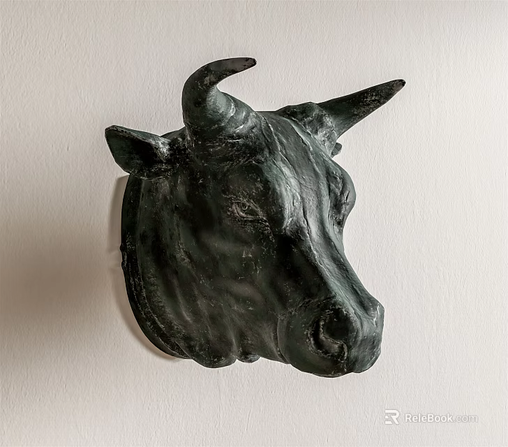 Sculptural Dark Green Bull Head Animal Wall Decor Hanging on White Wall 3d model 