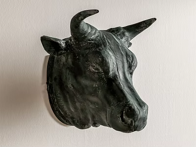 Sculptural Dark Green Bull Head Animal Wall Decor Hanging on White Wall 3d model