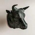 Sculptural Dark Green Bull Head Animal Wall Decor Hanging on White Wall