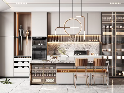 Modern Restaurant Kitchen Interior With Marble Counter Bar Stools Wine Cabinets And Hanging Lights 3d model