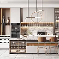 Modern Restaurant Kitchen Interior With Marble Counter Bar Stools Wine Cabinets And Hanging Lights