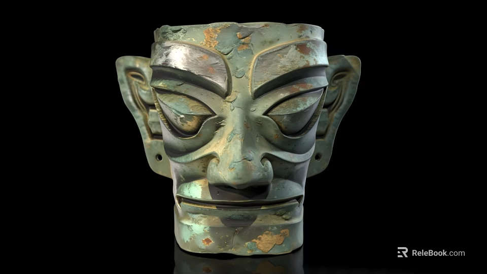 Ancient Bronze Mask with Large Ears Prominent Eyes and Historical Artifact Traits 3d model 