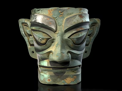 Ancient Bronze Mask with Large Ears Prominent Eyes and Historical Artifact Traits 3d model