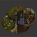 Miniature Idyllic Scenic Landscape with Wooden House Solar Panels Lush Greenery Rocks Terraced Garden and Pond