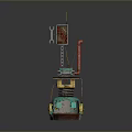 Turquoise Mechanical 3D Structure With Red Pipe Yellow Circular Elements And Sign