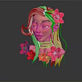 3D Game and Movie Character Portrait With Long White Hair Green Eyes and Pink Flowers